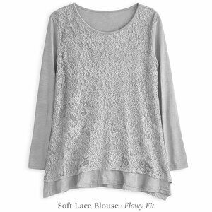 Women's Grey Lace Tunic Top Plus Size 2XL Flowy Long Sleeve Blouse